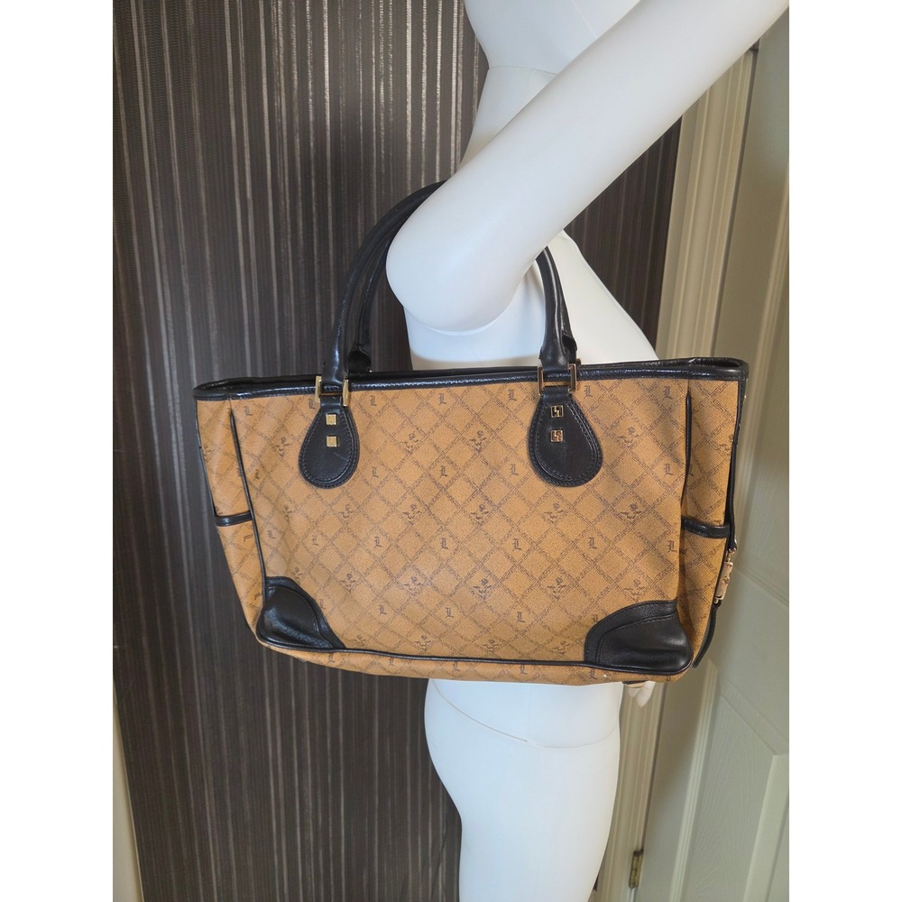 Y2K L.A.M.B. Gwen Stefani Monogram Tote Bag Tan Black Leather Studded Handbag - Picture 4 of 10